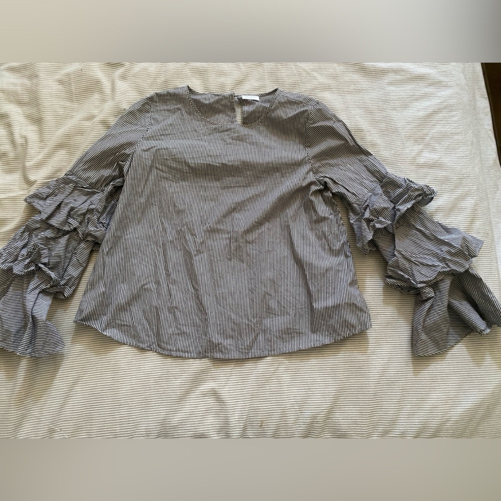 charcoal gray and white striped long sleeve blouse, size XXS